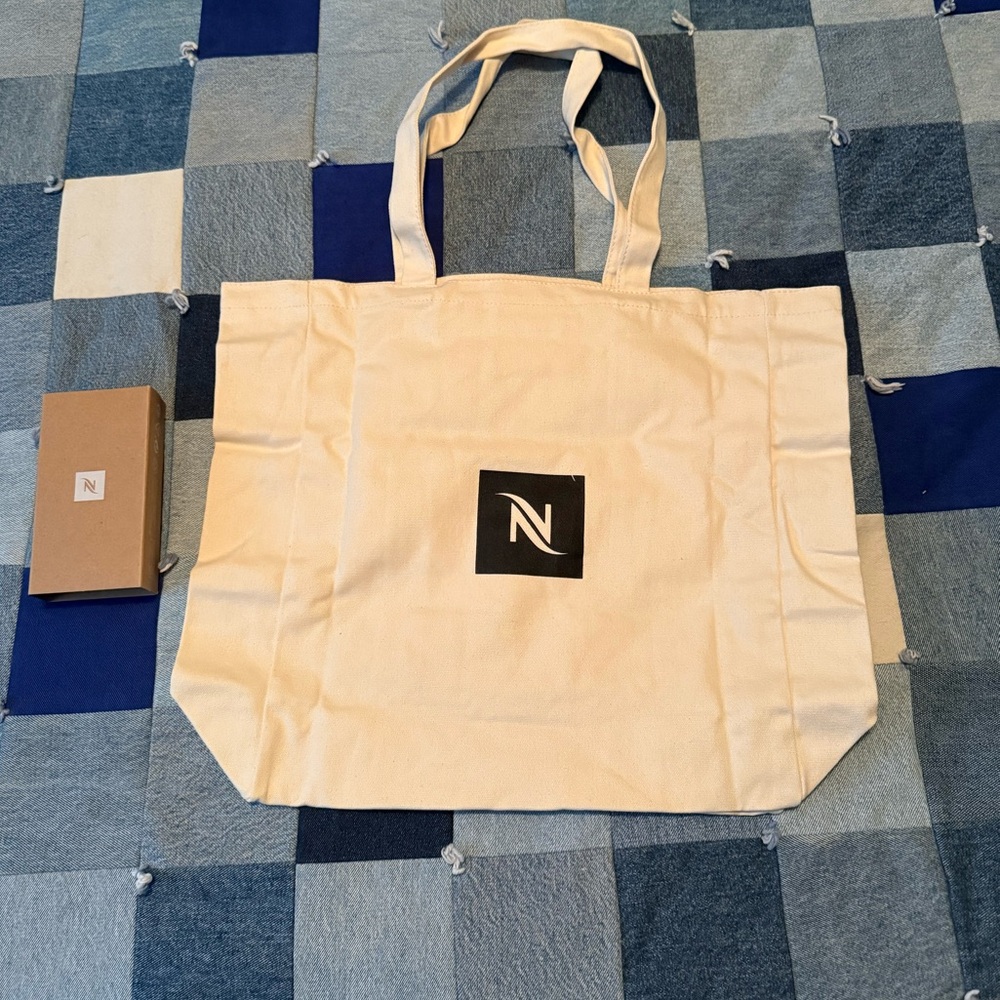 NIB Nespresso Upcycled Canvas Tote & Two Stoneware Tea Light Candle Holders